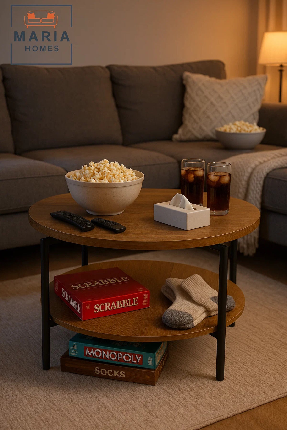 Round oak-finish coffee table with lower shelf and black frame