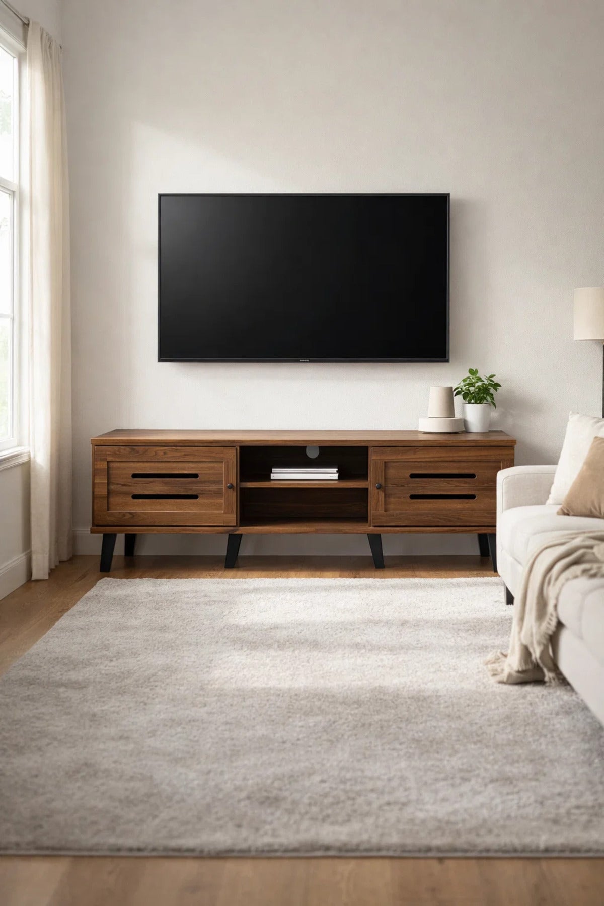 Modern Wooden TV Stand Dark Brown with Slotted Front Design 160 x 40 x 44 cm