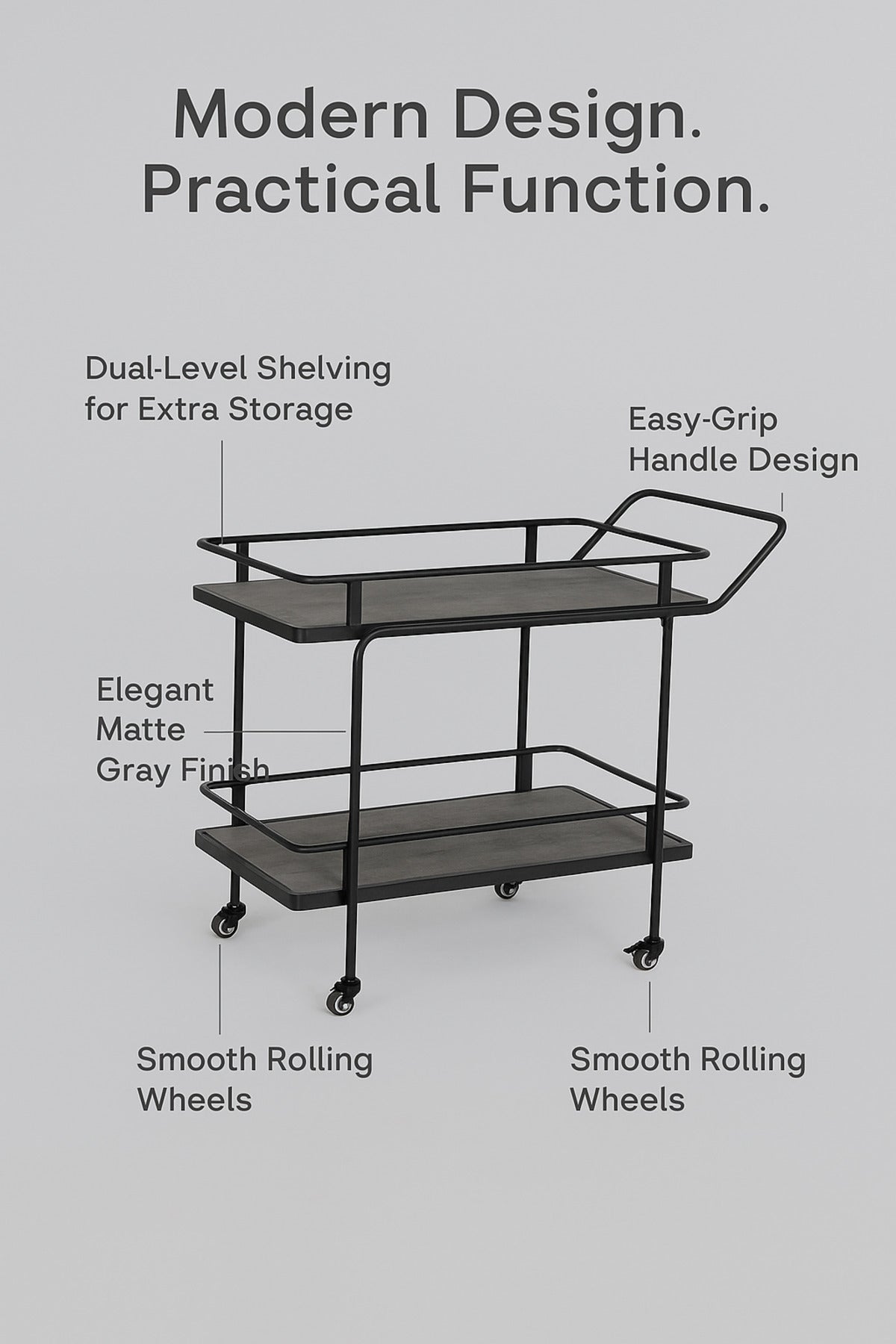 Industrial Gray Metal Serving Trolley with Wheels Ð 2-Tier Bar Cart 83_40_80 cm