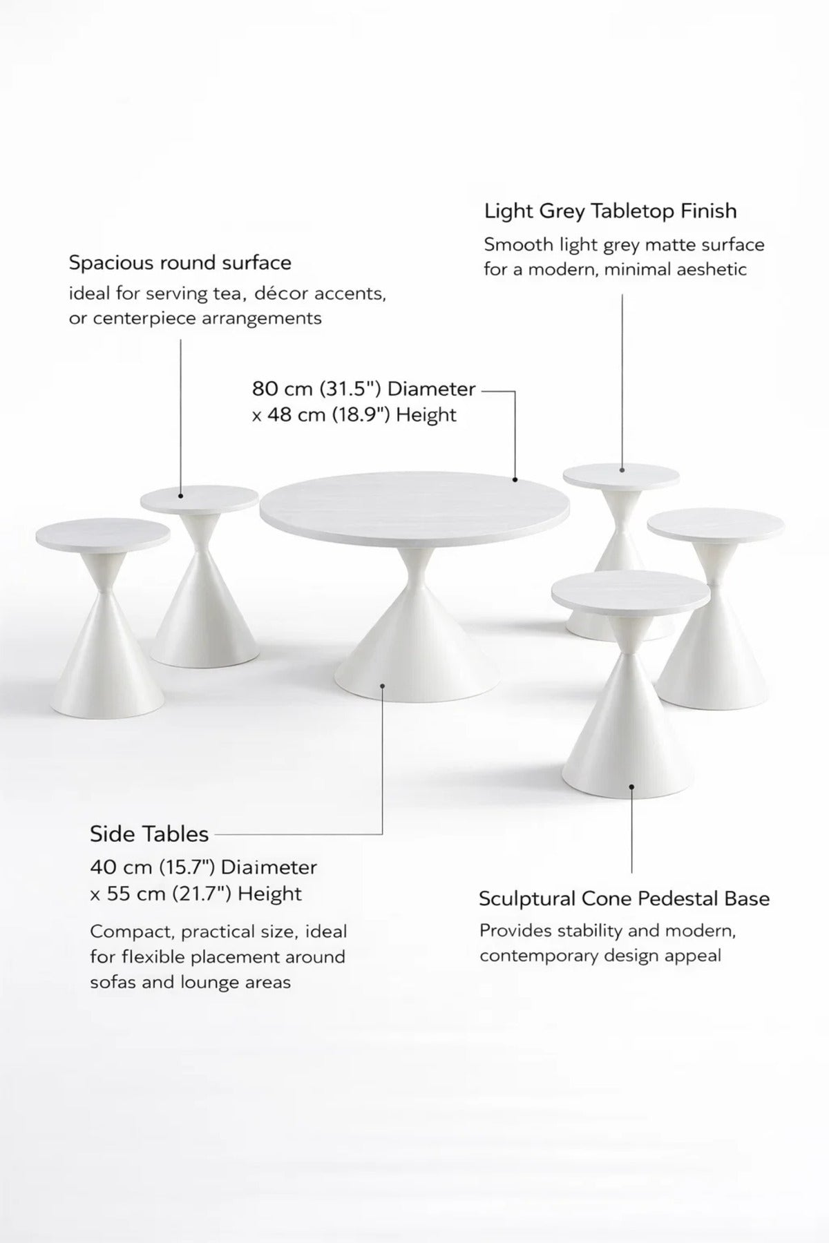 Modern White Coffee Table Set 1+6 √ê 7 Pieces Round Center Table with 6 Side Tables