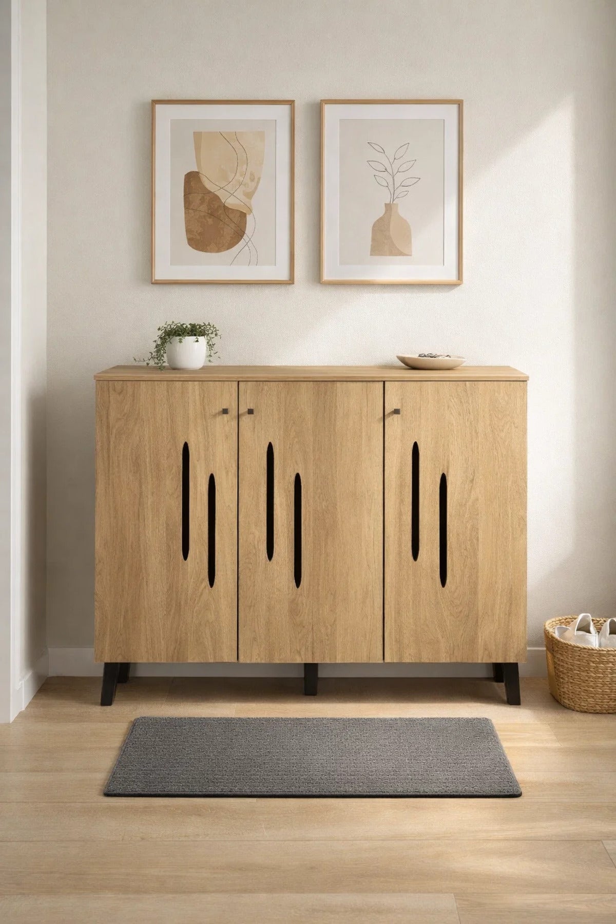 Modern Wooden Shoe Cabinet Light Brown with Vertical Cut Out Design 120 x 32 x 94 cm