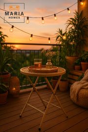 Beige Metal Folding Round Patio Table