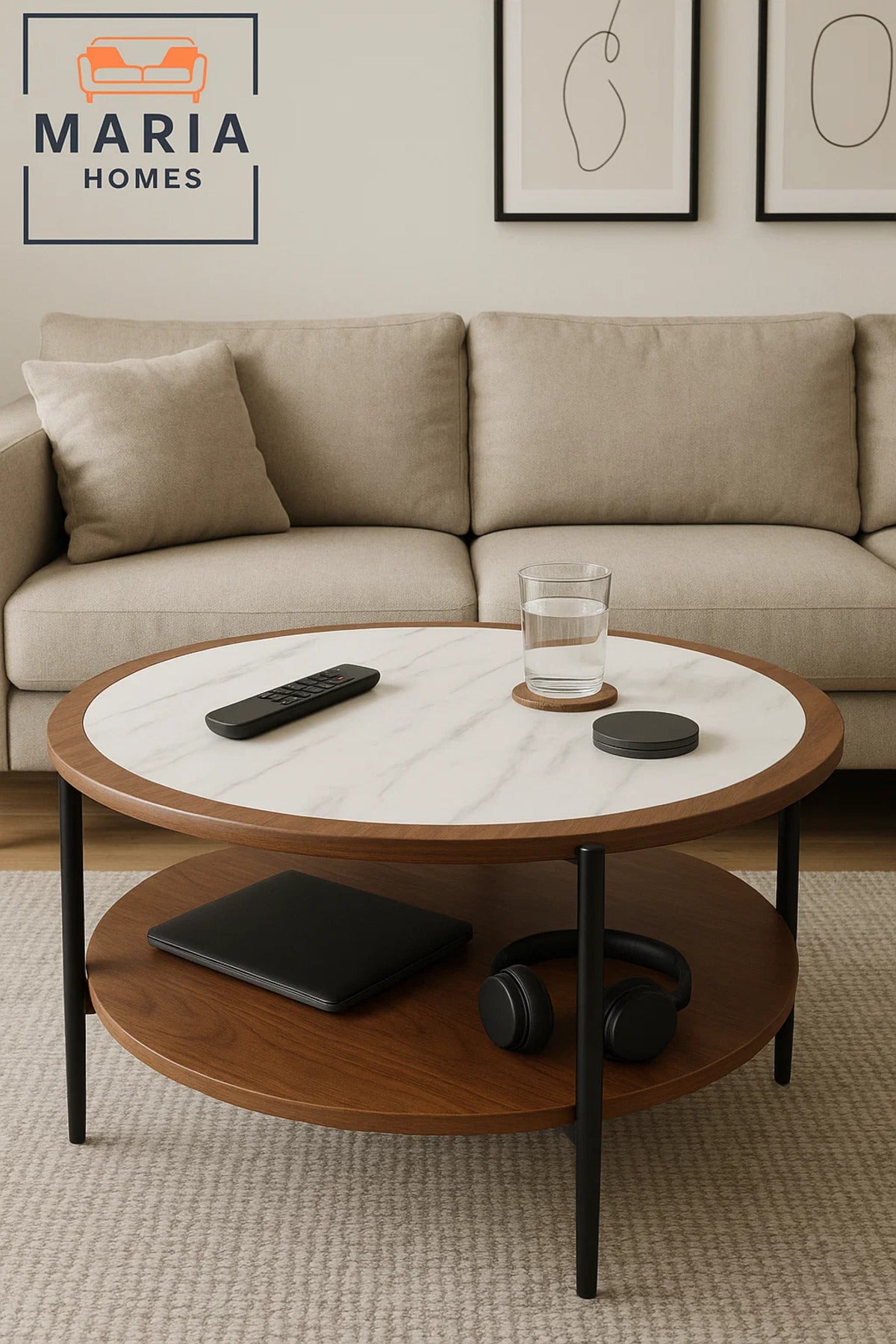 Elegant marble and walnut round coffee table with shelf