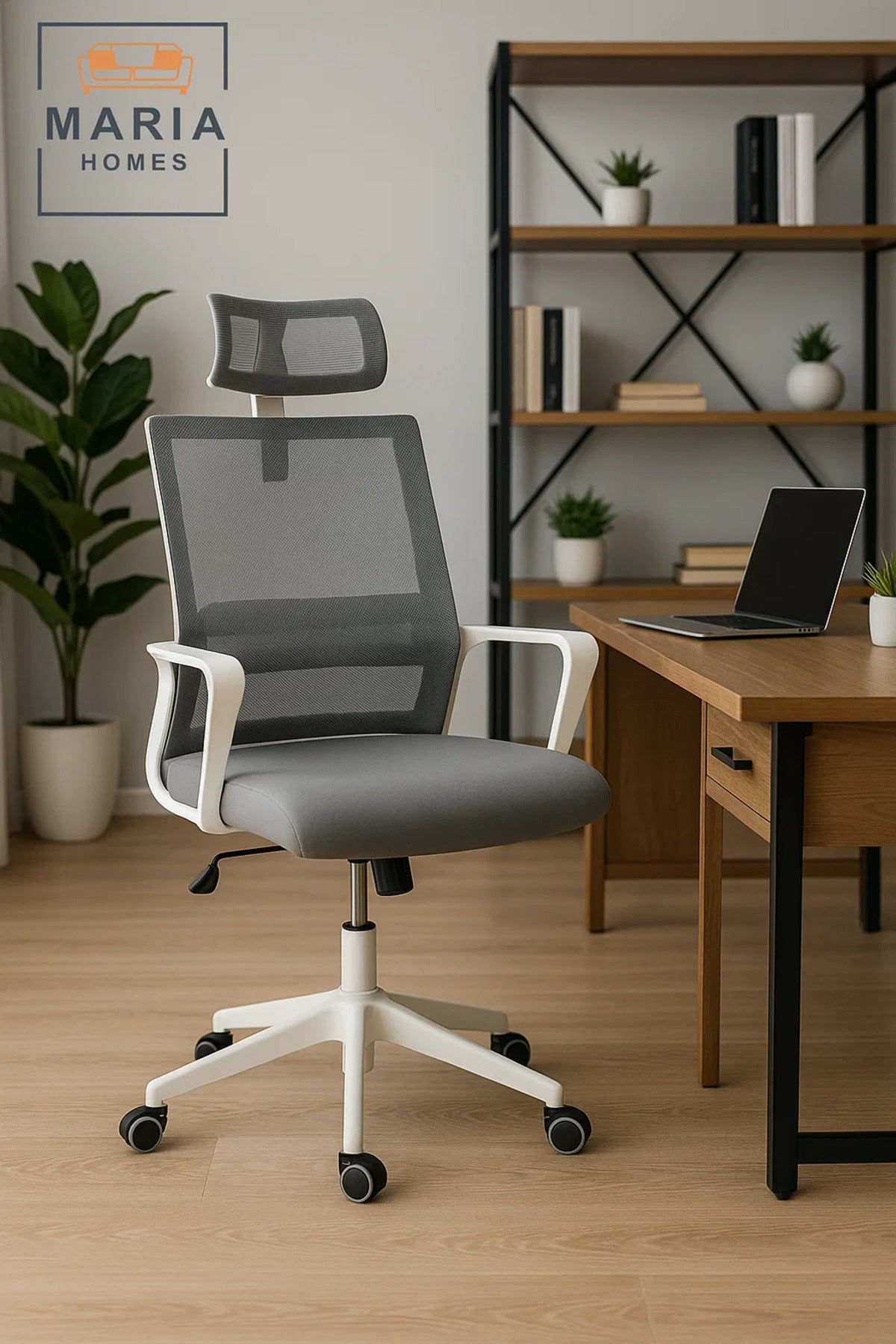 White Grey Mesh Office Chair with Headrest and Adjustable Height Ð Stylish Seating for Any Space