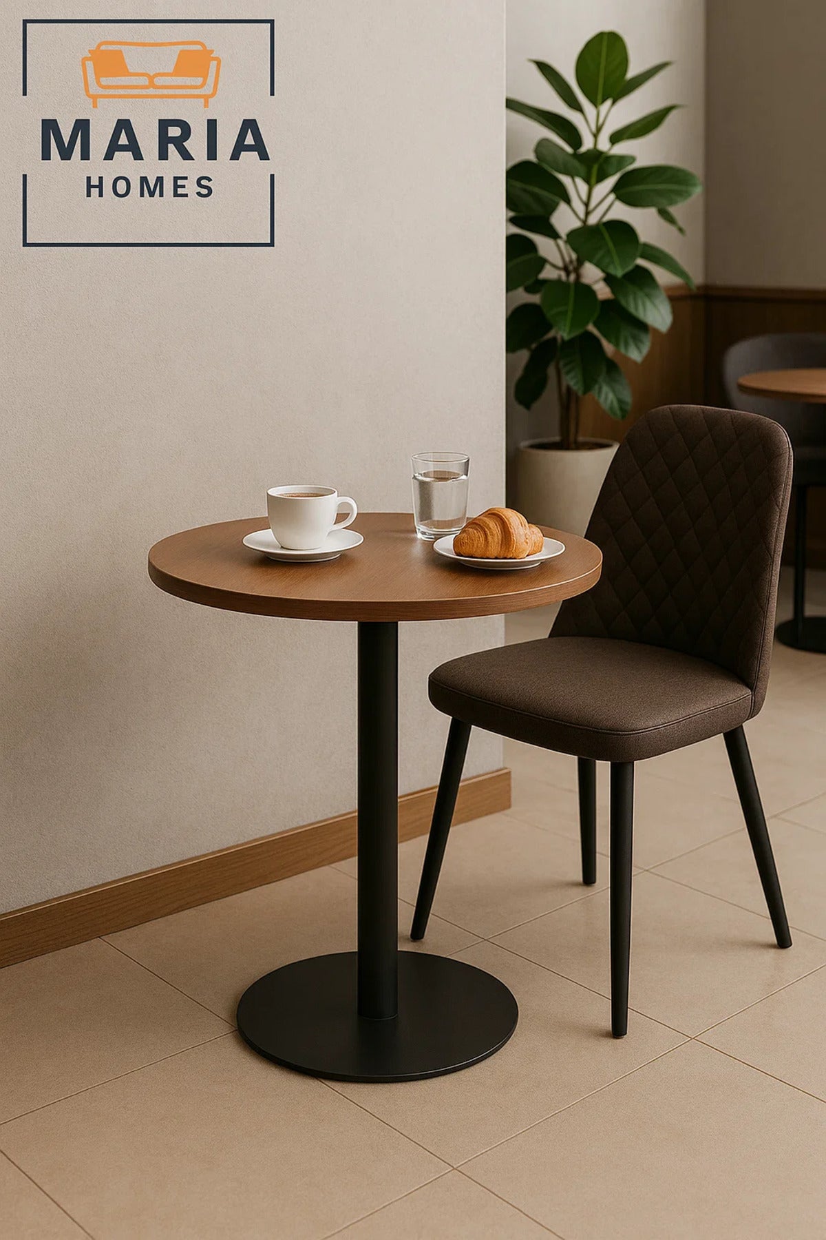 Round Walnut Bistro Table with Black Pedestal Base
