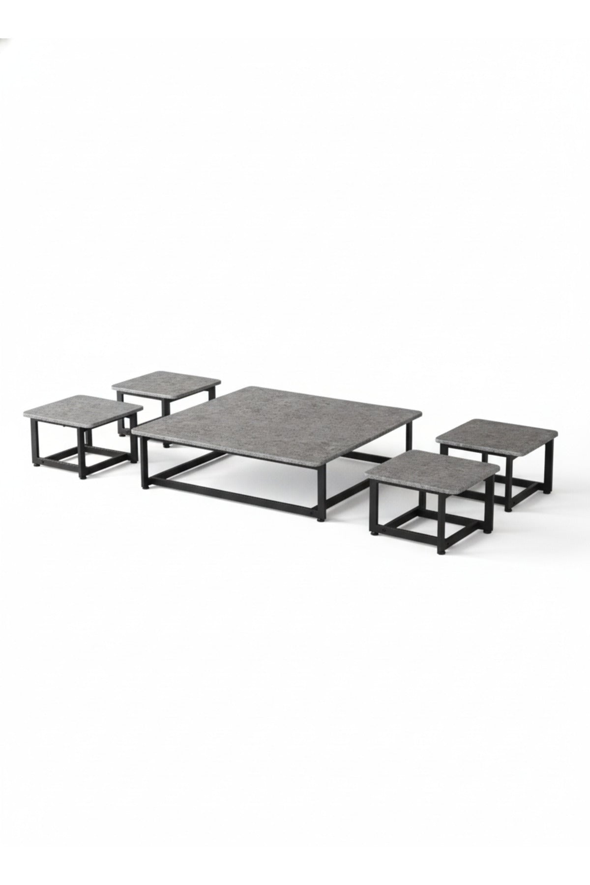 Stylish 5-Piece Grey Low Center Table Set with 4 Matching Stools for Modern Floor Seating Decor