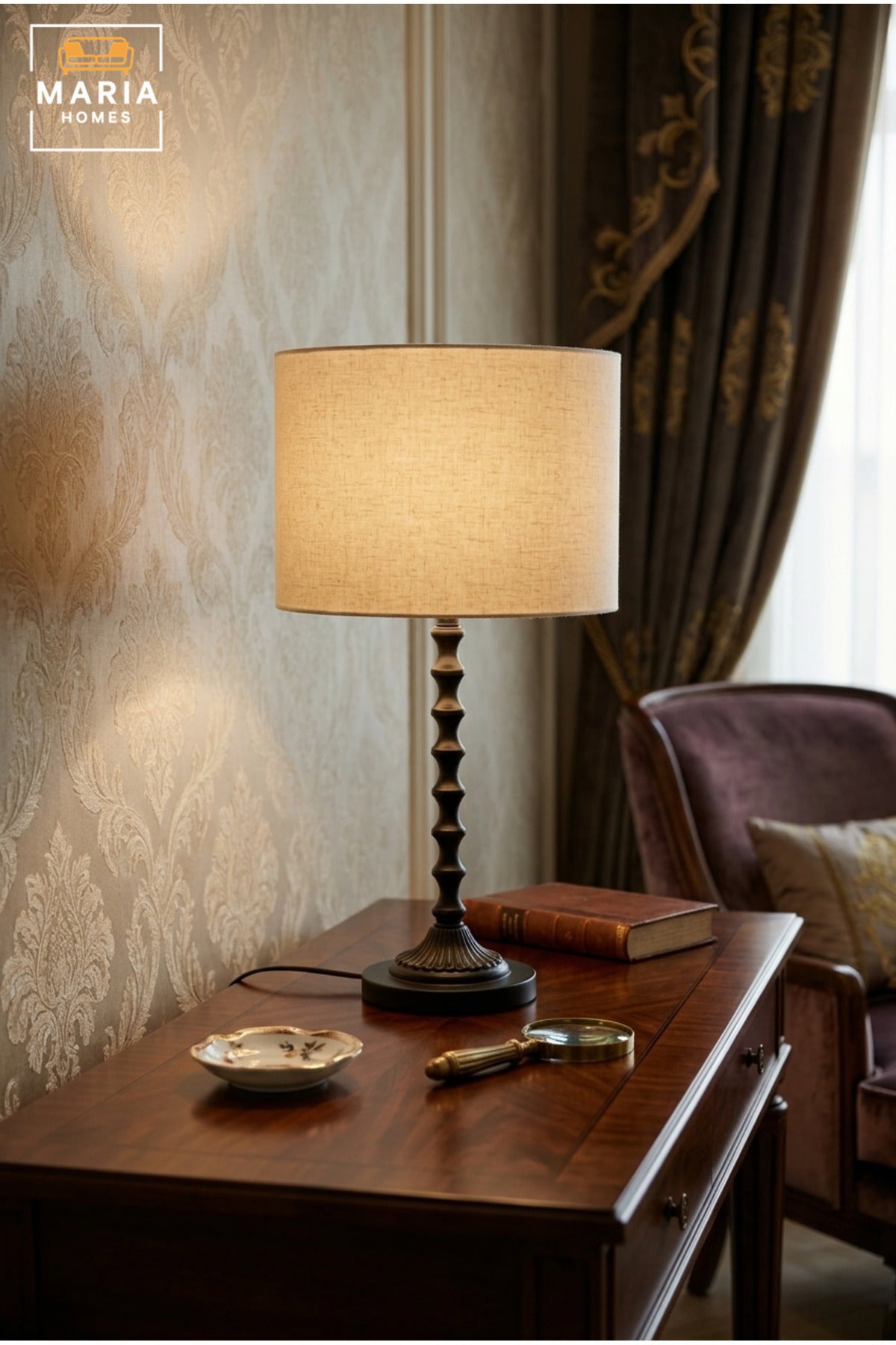 Classic Table Lamp with Cylindrical Fabric Shade, Decorative Sculpted Base and Stable Round Stand for Bedroom, Living Room, Office, Hotel and Side Table