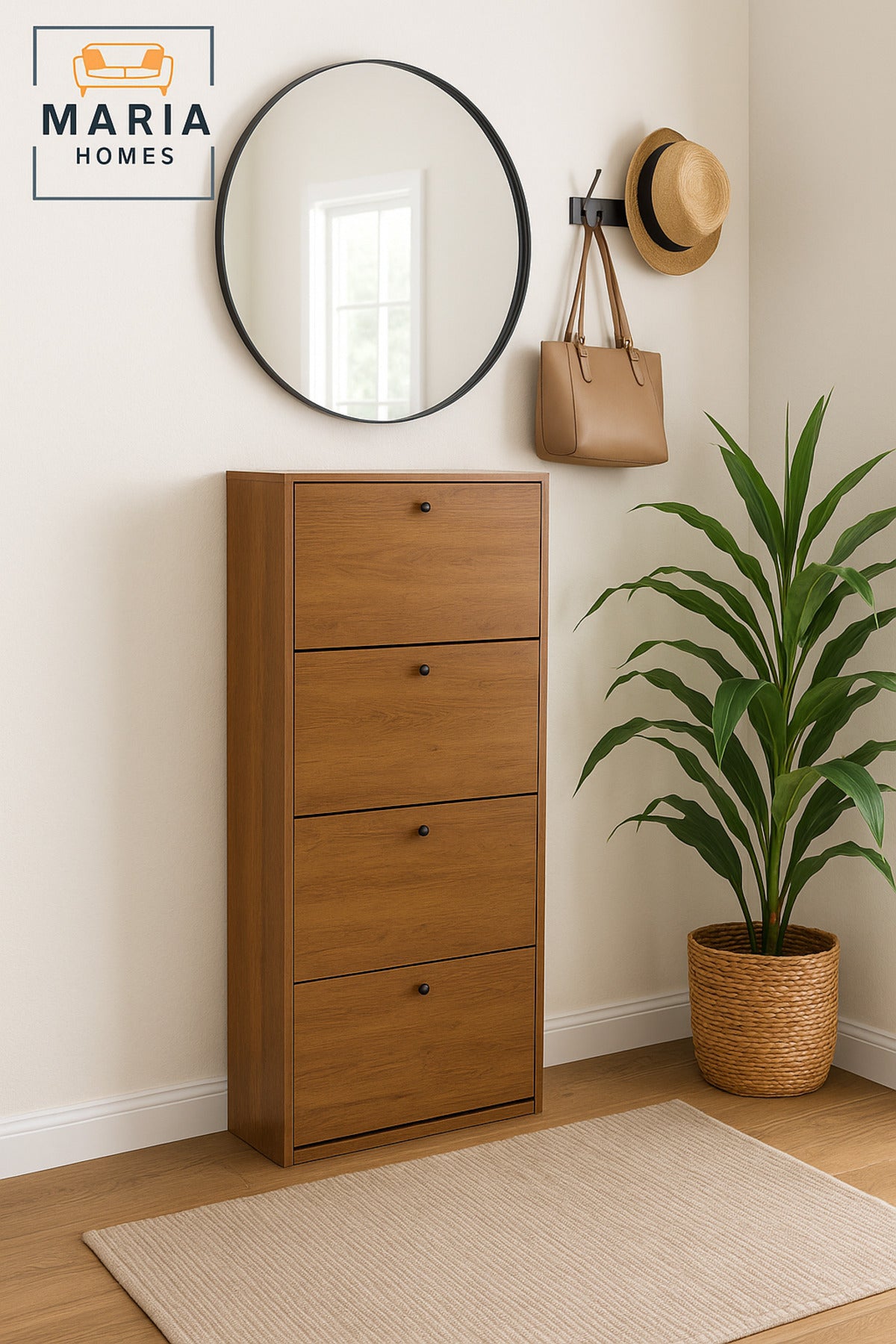 Modern Wooden Shoe Cabinet Ð 4 Flip Drawers Space Saving Shoe Rack Organizer 62_25_158 cm Brown