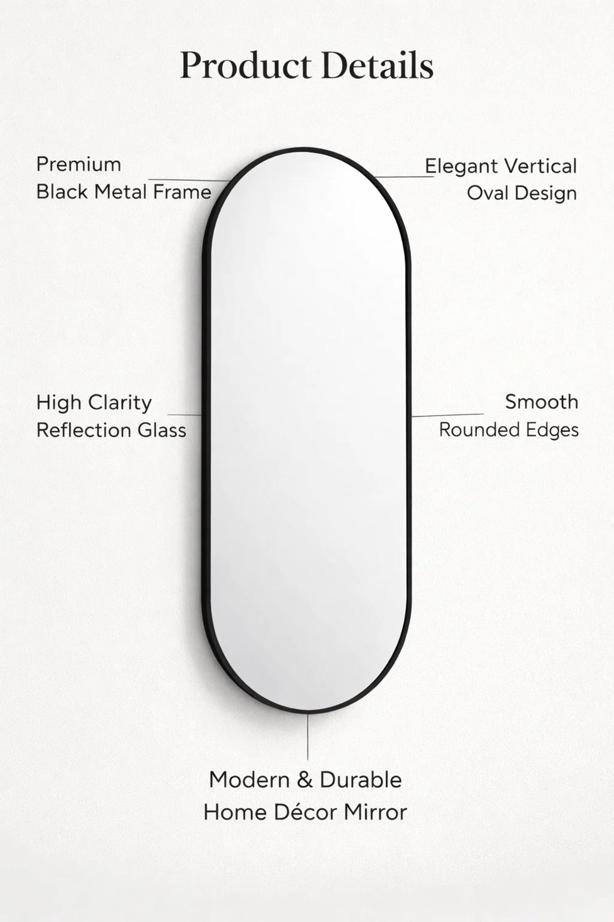 Oval Capsule Wall Mirror with Sleek Black Frame-size 120*60CM
