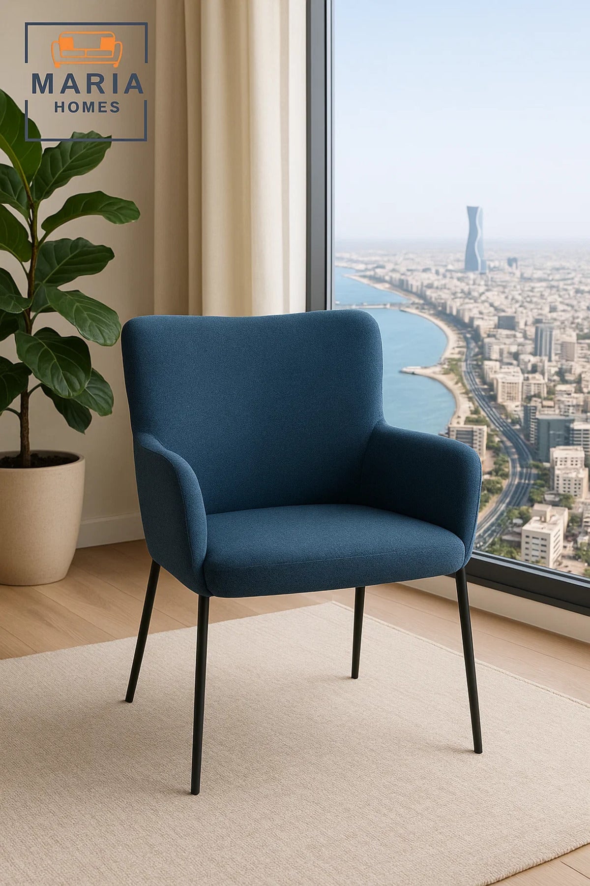 Blue High Back Fabric Armchair Ð Modern Upholstered Lounge Chair with Black Legs for Home or Office