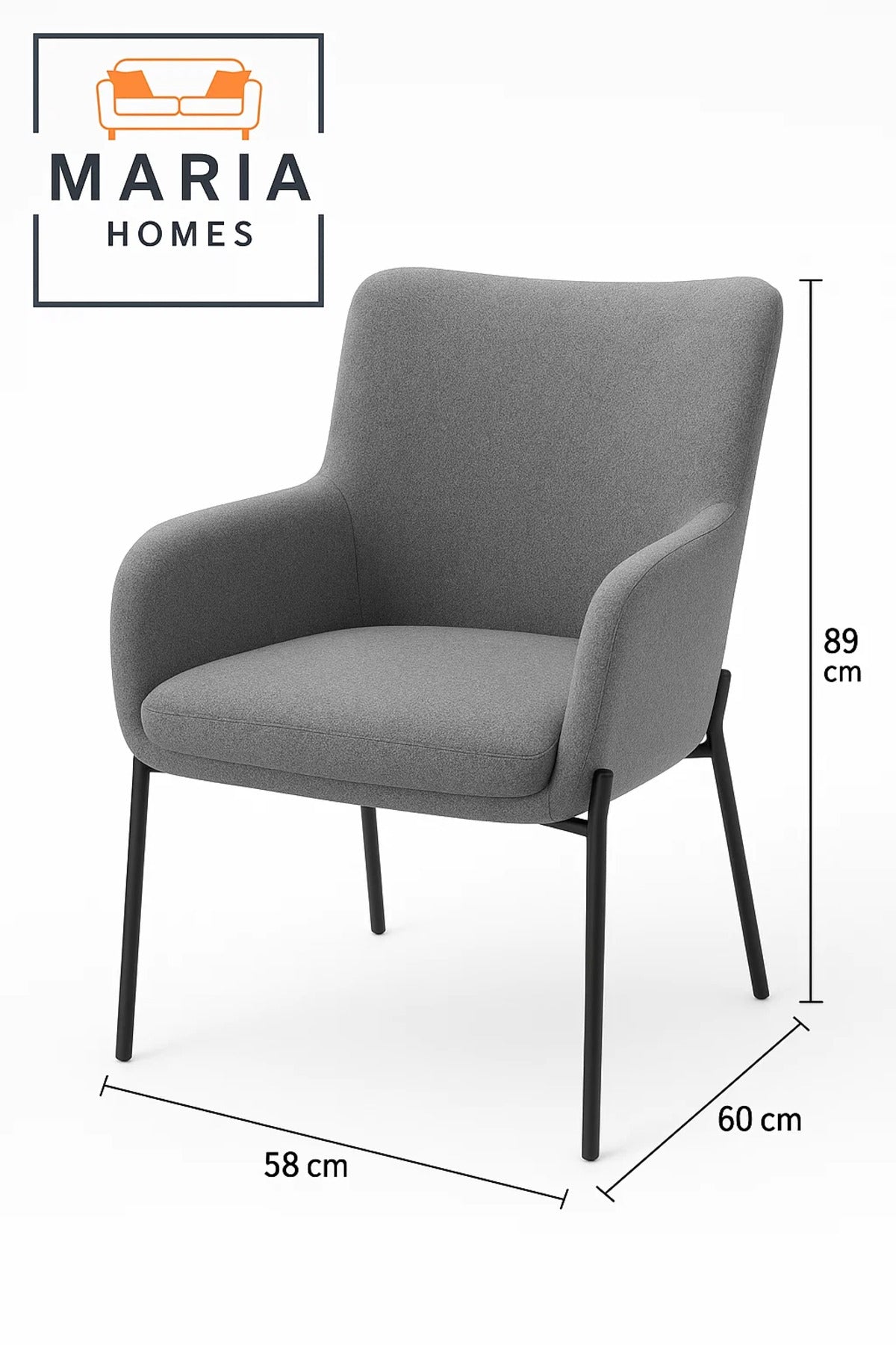 Grey High Back Lounge Chair Ð Upholstered Armchair with Black Metal Legs for Home, Office or Lobby