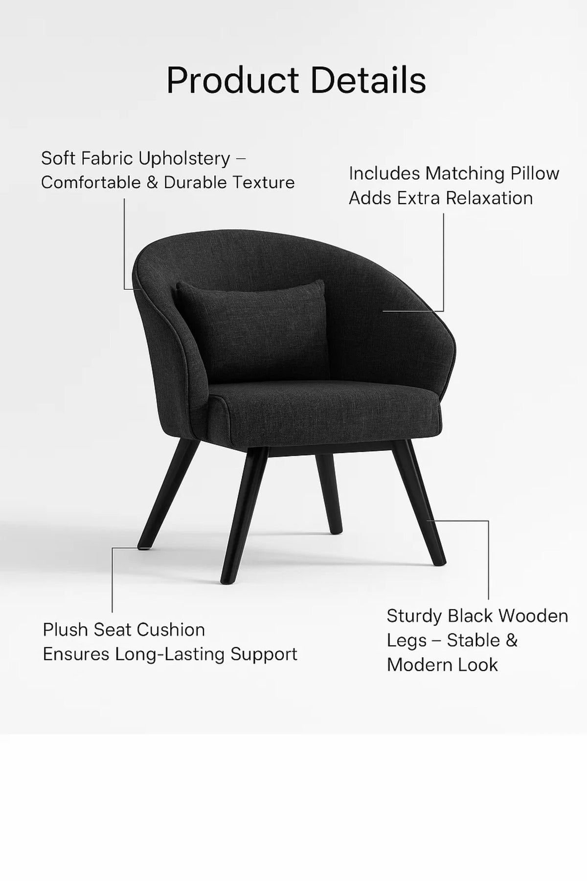 Black Fabric Accent Chair with Cushion, Modern Armchair for Living Room, Bedroom & Office Cabin