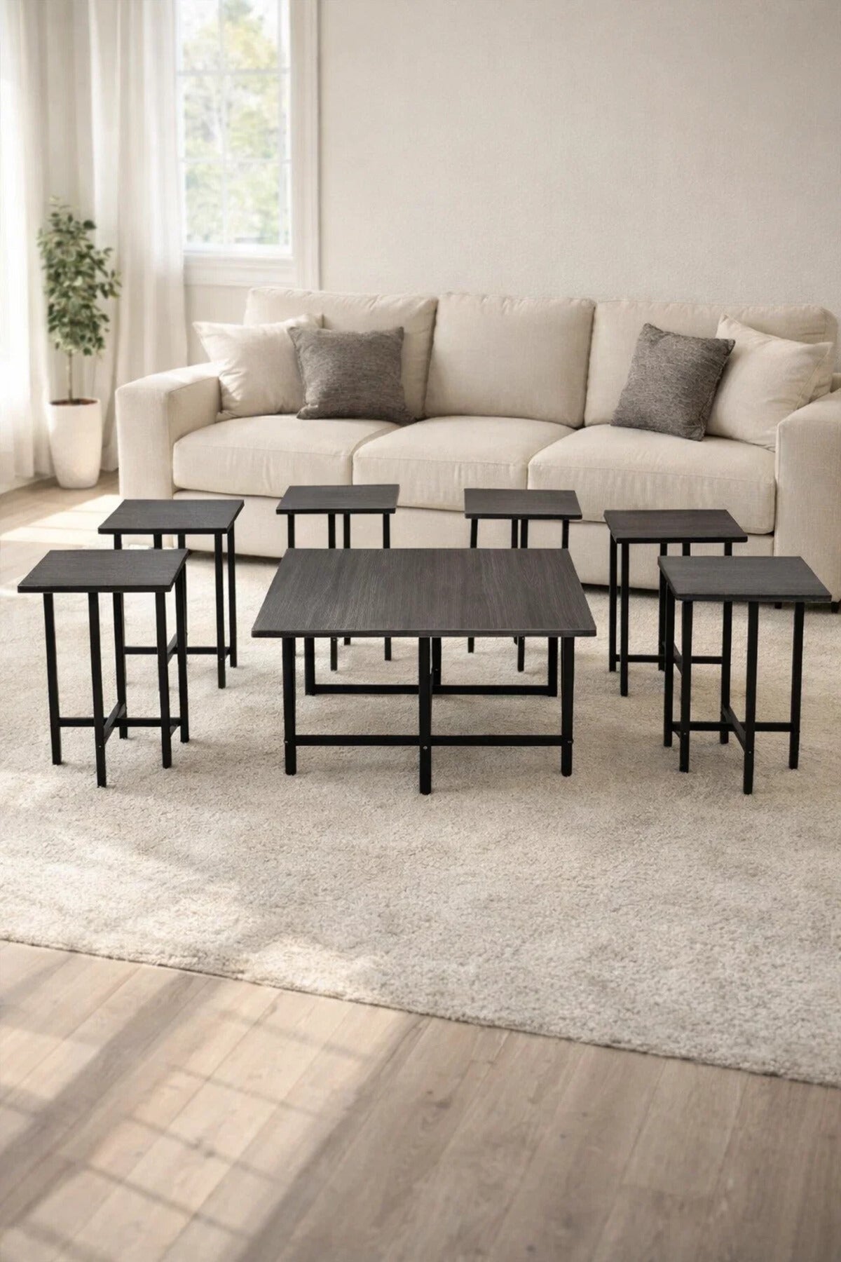 Dark Grey Coffee Table Set 1+6 with Metal Frame 90_90_45 cm 40_40_55 Side Tables dark