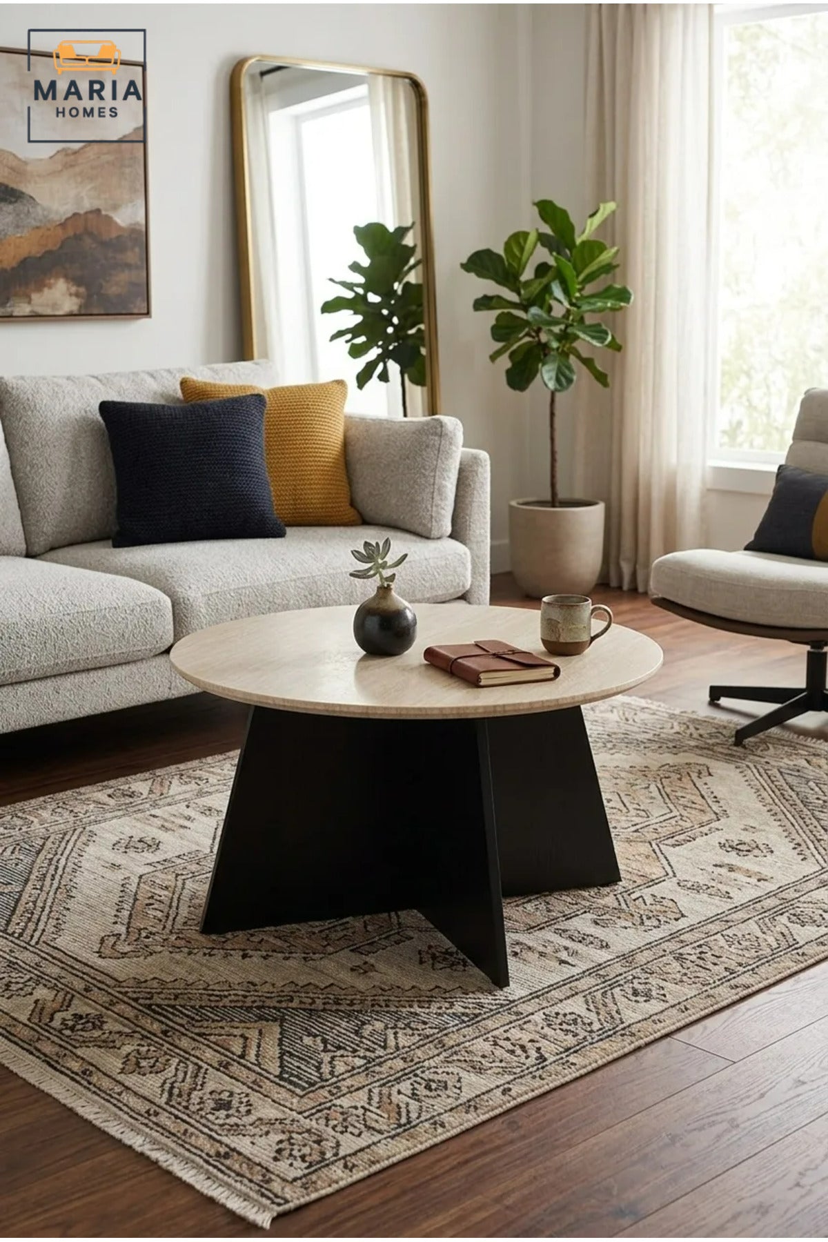 Modern Round Coffee Table with Marble-Effect Top and Sculptural Cross Base, Contemporary Center Table for Living Room, Lounge, Apartment and Office
