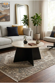 Modern Round Coffee Table with Marble-Effect Top and Sculptural Cross Base, Contemporary Center Table for Living Room, Lounge, Apartment and Office