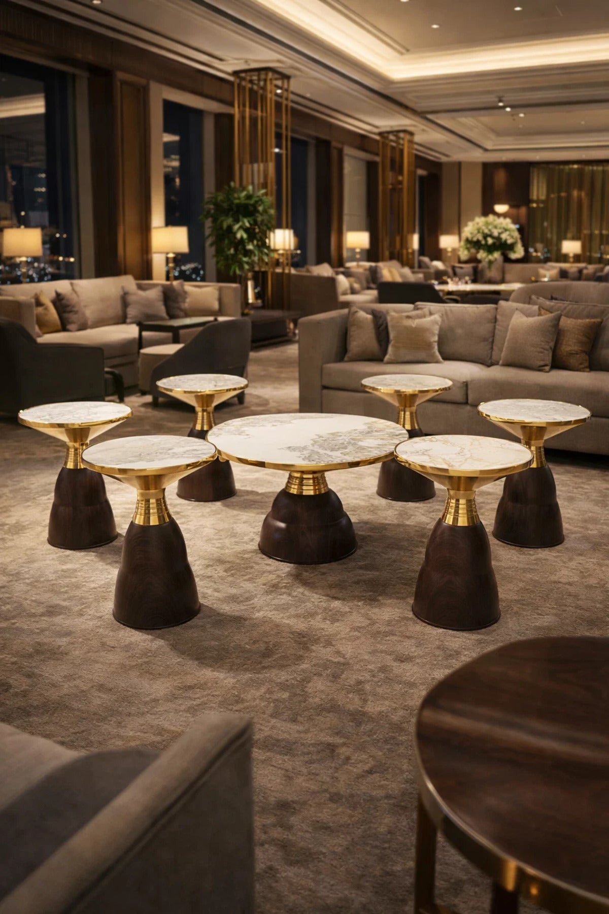 Modern 1+6 Center Table Set Marble Pattern Top Gold Detail Dark Wood Base for Elegant Salons