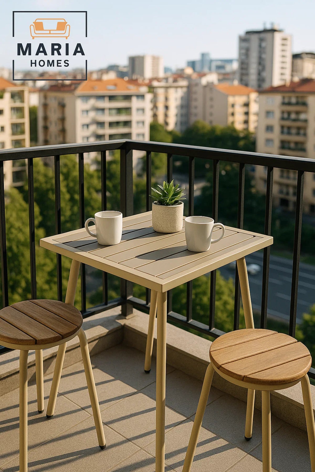 Beige Square Side Table with Slatted Top and Tapered Legs