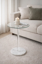 Round Glass Side Table with White Marble Base 35_35_55 cm Modern Accent round glass