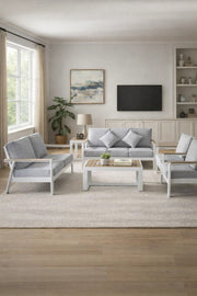 Luxury 7-Person Garden Sitting Group White Aluminum Sofa Set with Grey Cushions and Coffee Table