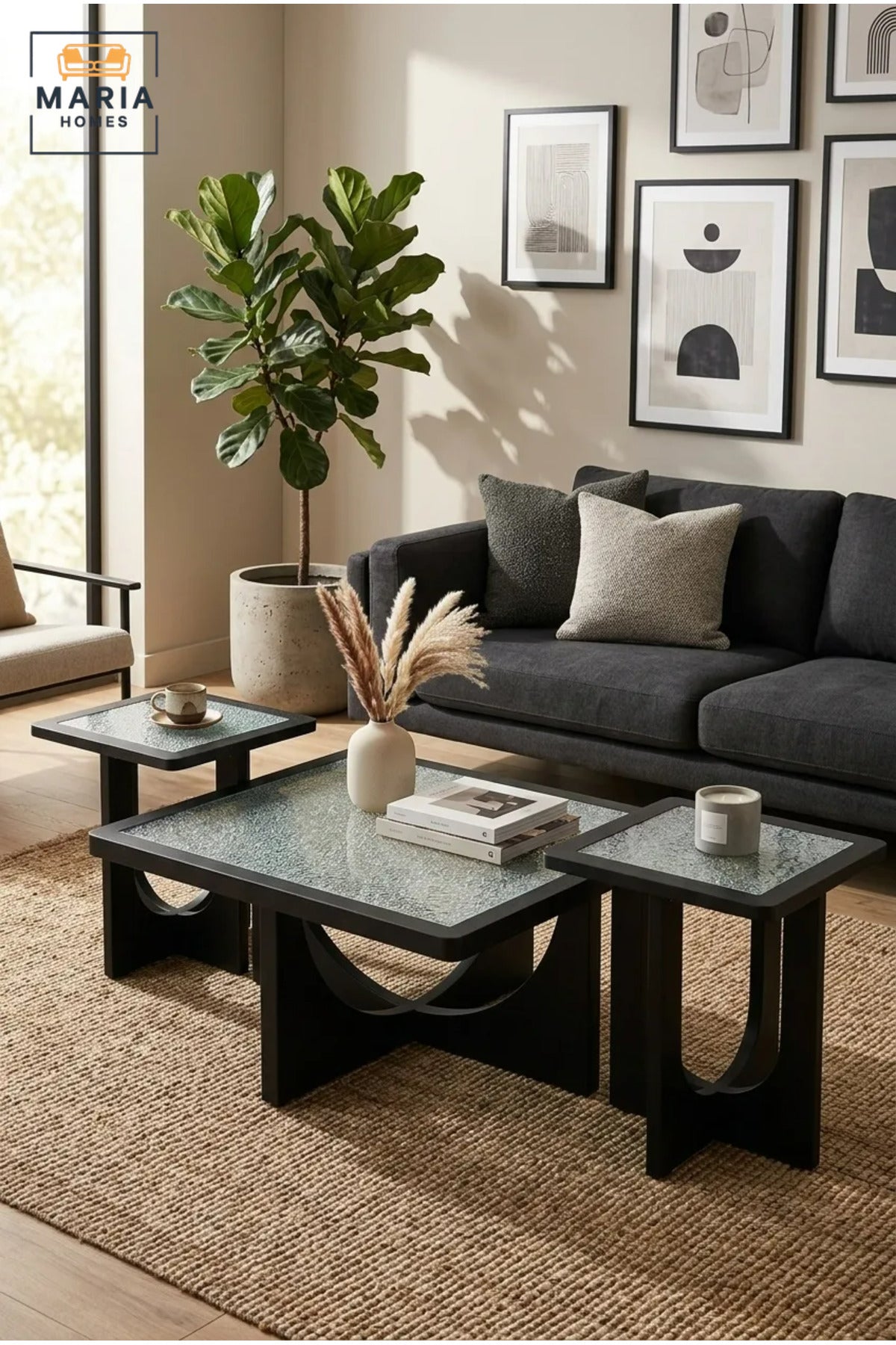 Modern Three-Piece Coffee Table Set with Rectangular Glass Tops and Two Matching Side Tables, Geometric Accent Tables for Living Room and Lounge
