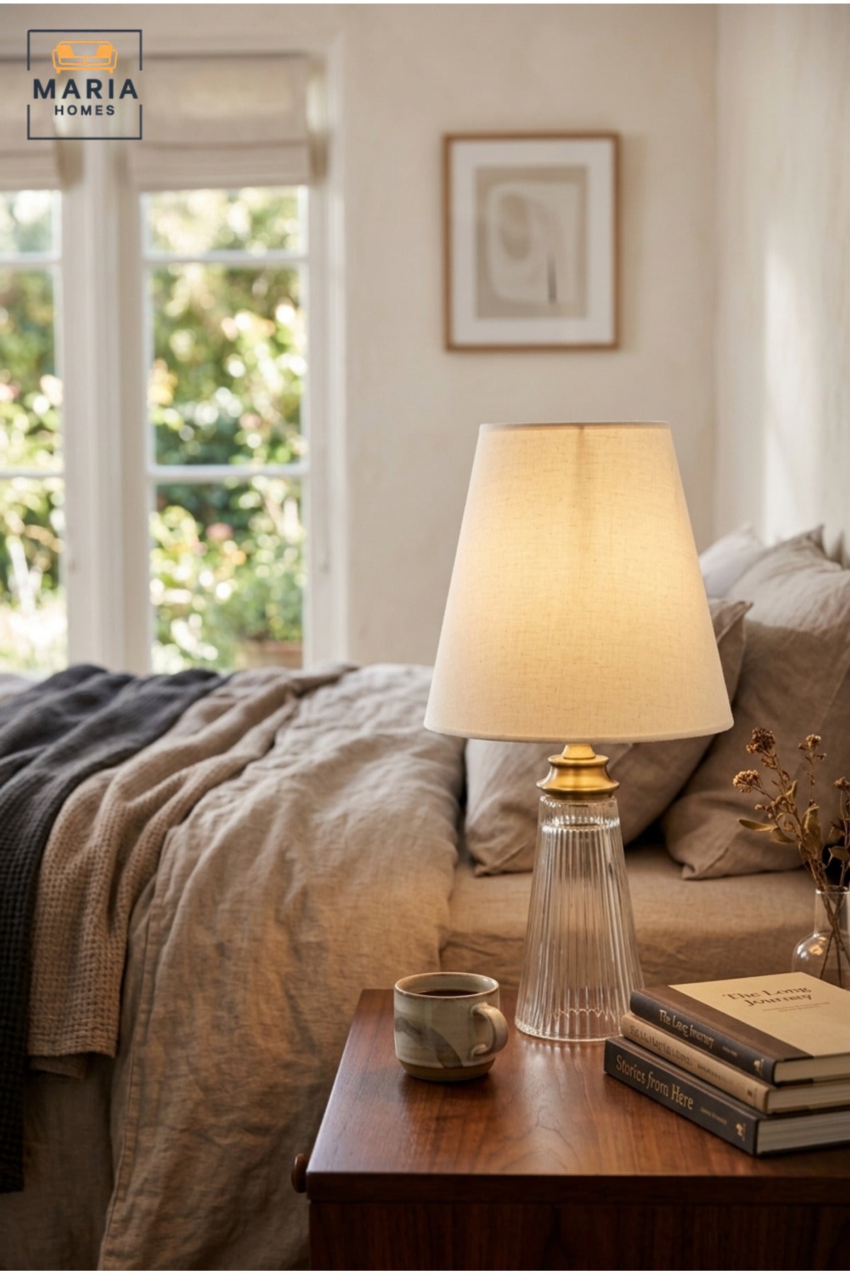 Luxury Ribbed Glass Table Lamp with White Fabric Shade and Antique Gold Tone Accent for Bedroom, Living Room, Office, Hotel and Bedside Décor