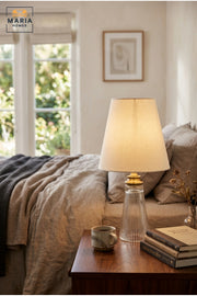 Luxury Ribbed Glass Table Lamp with White Fabric Shade and Antique Gold Tone Accent for Bedroom, Living Room, Office, Hotel and Bedside Décor