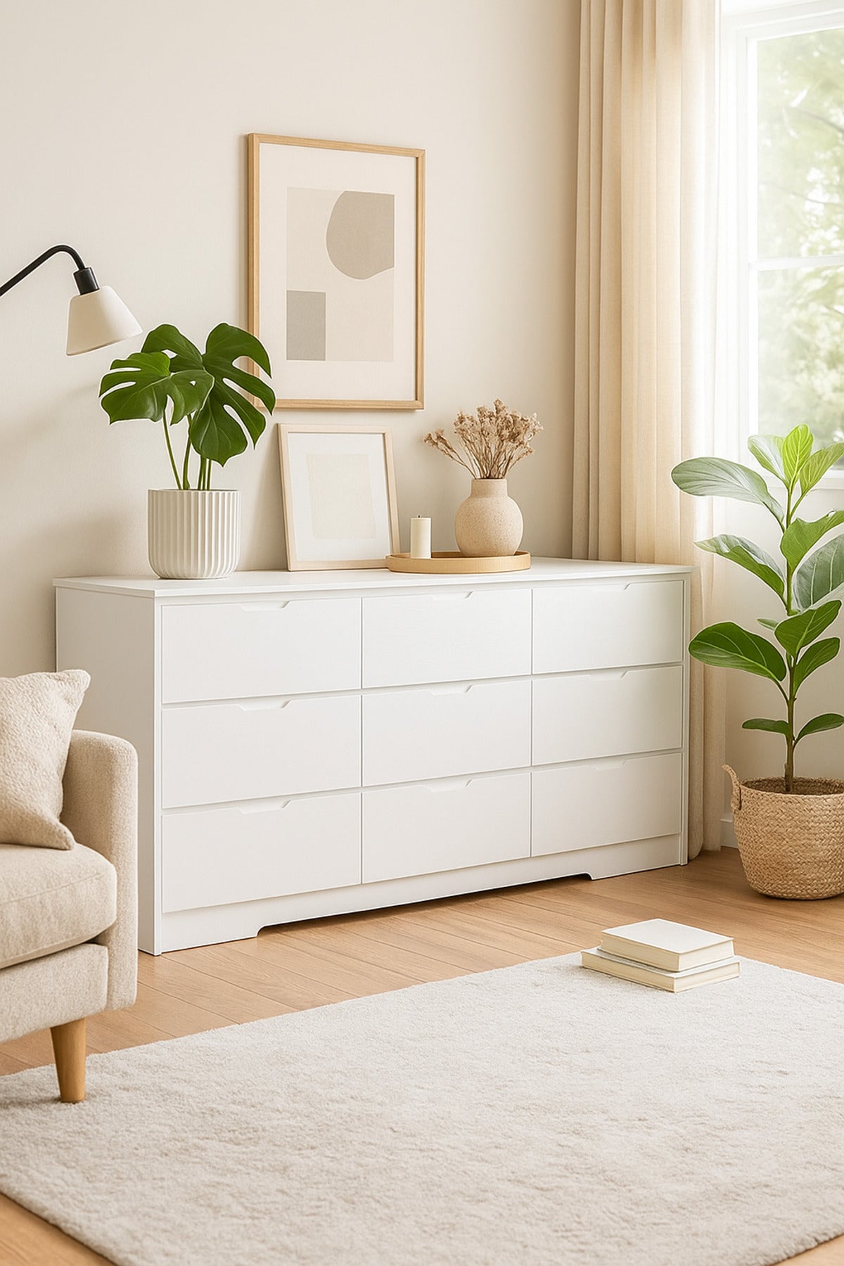 White Wooden Drawer Cabinet 160_48_80 cm Ð Modern 9-Drawer Dresser for Bedroom, Living Room & Office