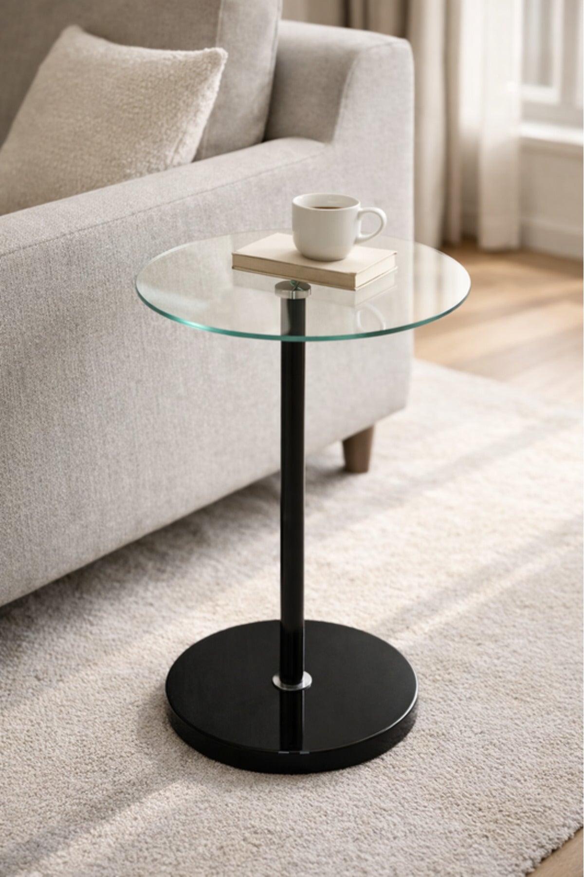 Round Glass Side Table with Black Base 35_35_55 cm Modern Accent round glass side