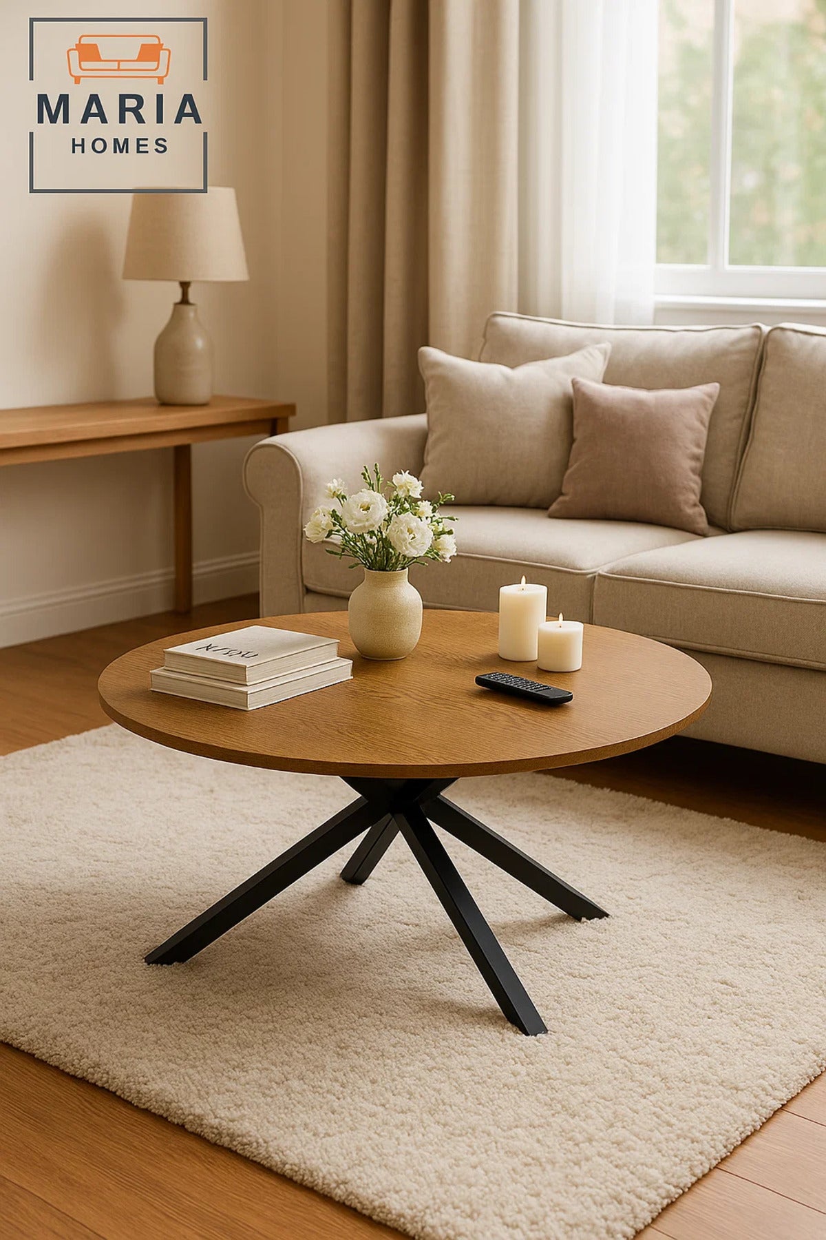 Large walnut round coffee table with cross metal base