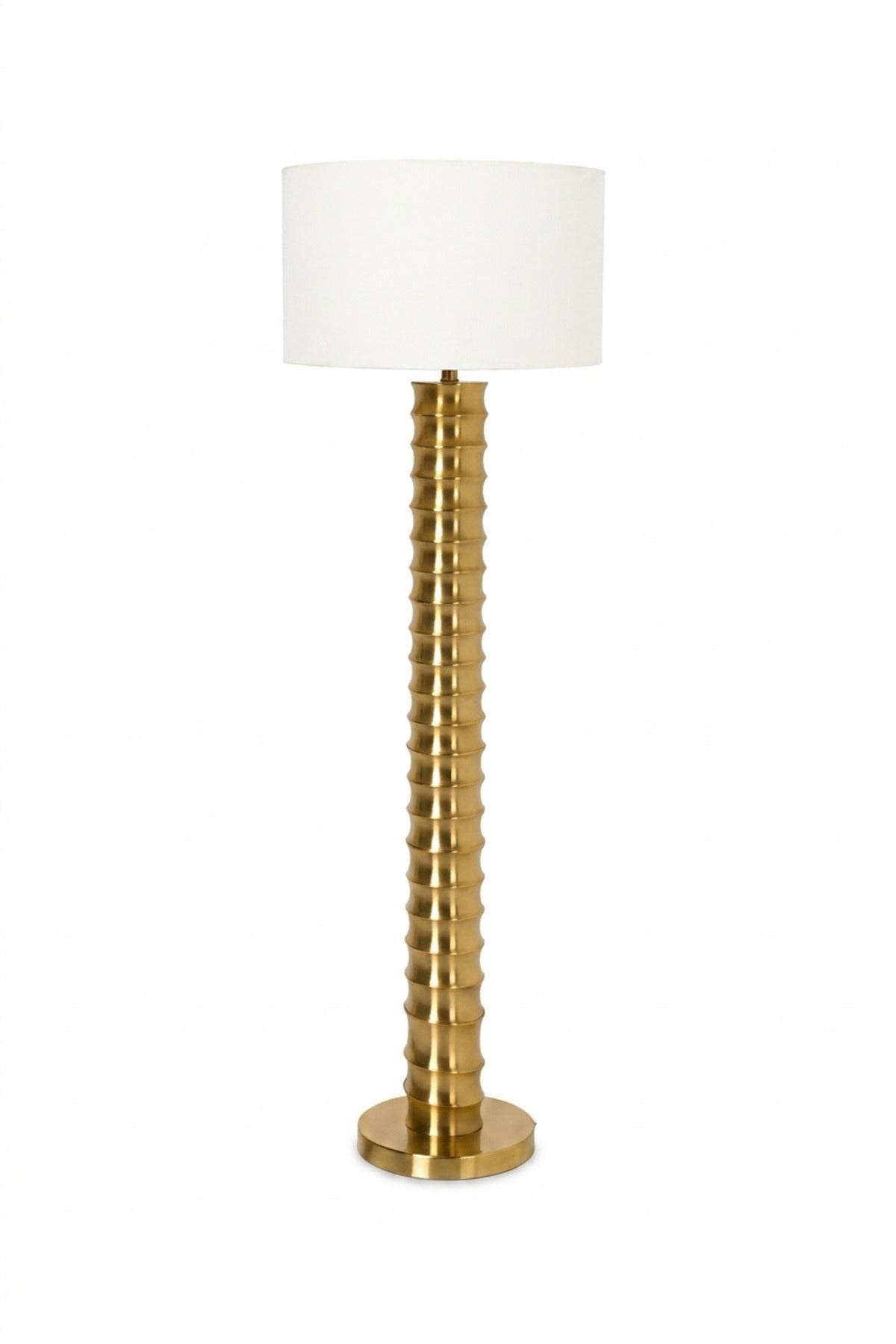 Modern Gold Ribbed Floor Lamp with Tall Sculptural Column, Fabric Drum Shade and Round Base Decorative Standing Light for Living Room Bedroom Office