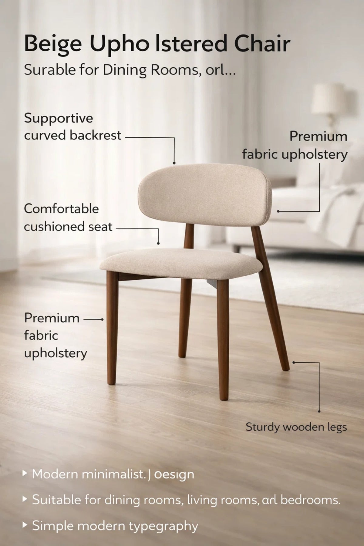Modern Dining Chair Upholstered Seat with Wooden Legs Beige