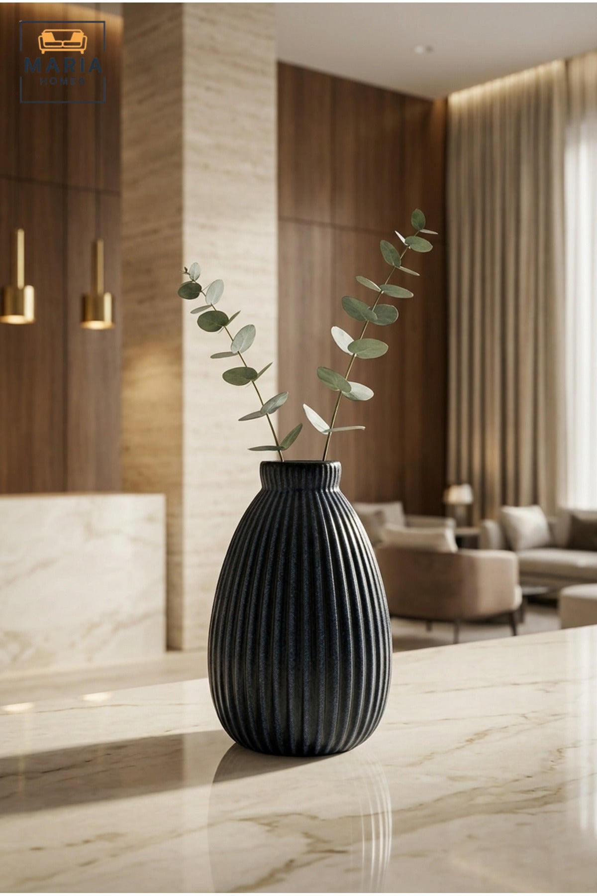 Blue Ribbed Decorative Vase, Modern Teardrop Flower Holder with Narrow Opening for Dried Flowers, Living Room, Bedroom, Office, Shelf and Table Décor