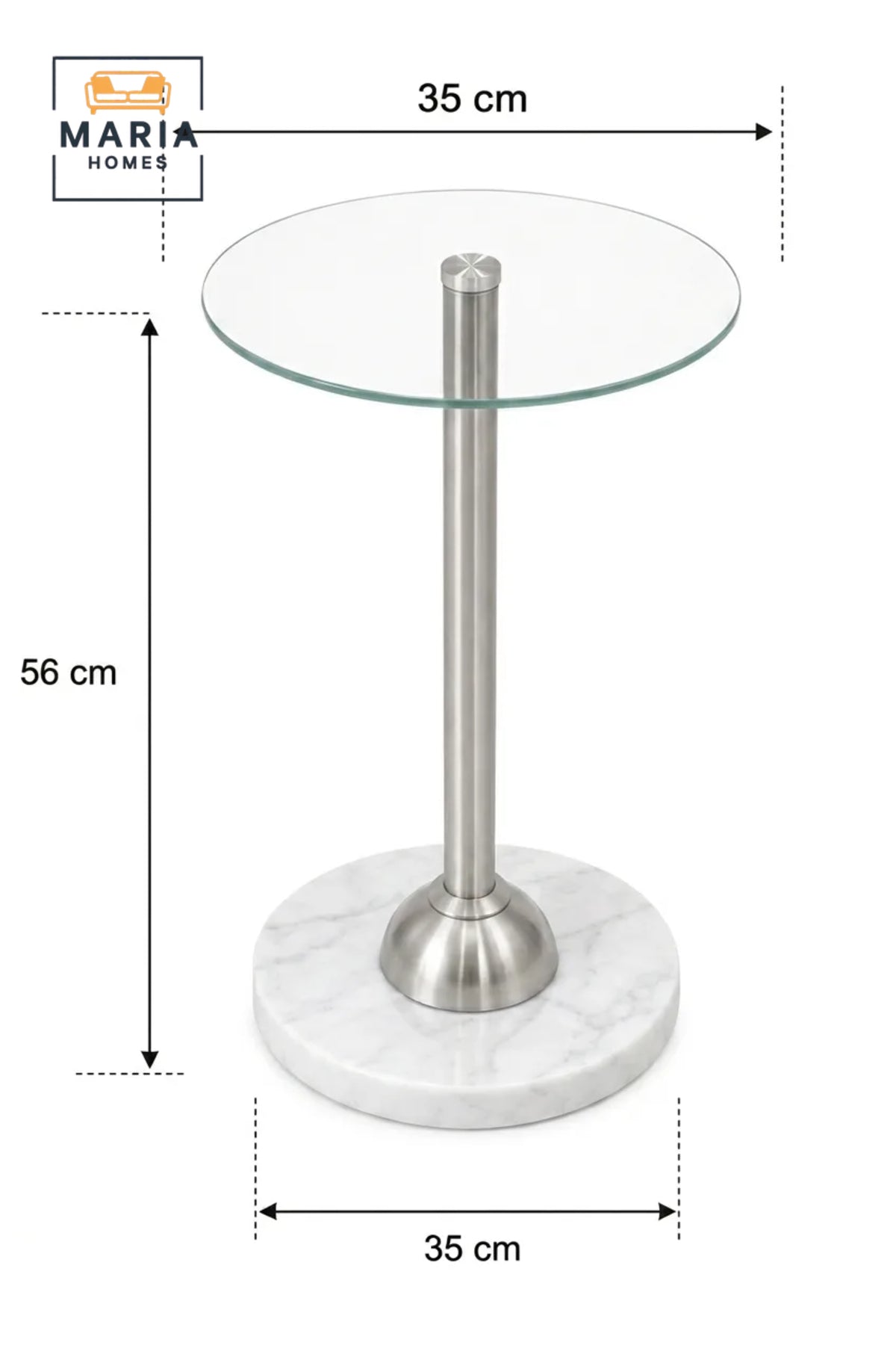 Modern Round Glass Side Table with White Marble Base and Brushed Metal Support