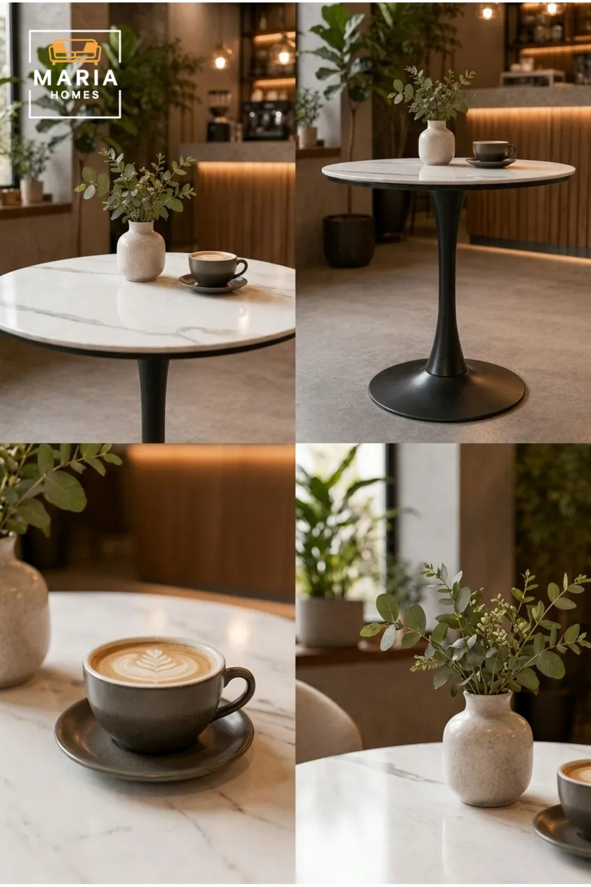 Modern Round Dining Table 70cm White Marble-Effect Top with Black Pedestal Base √ê Contemporary Caf≈Ω & Bistro Table