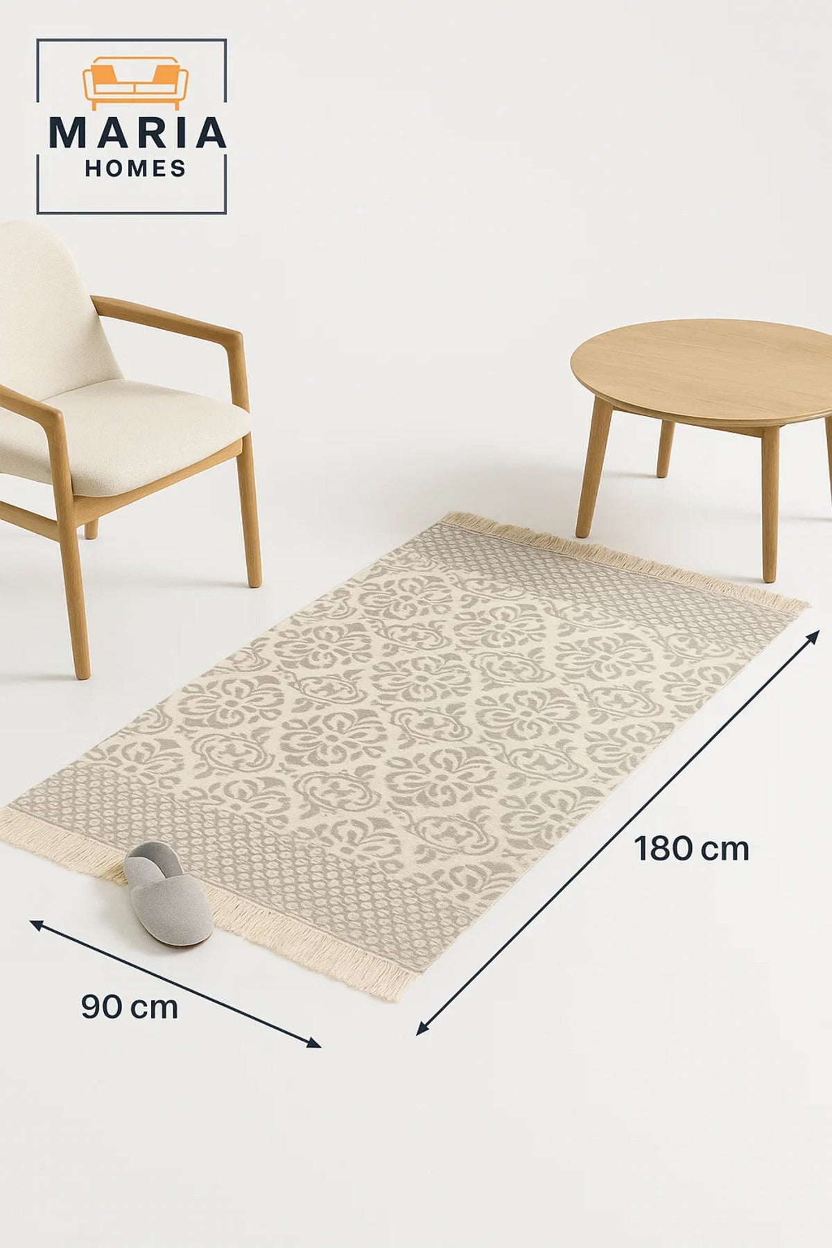 Beige Cotton Runner Rug with Floral Medallion Pattern and Fringe Ðsize 90*150 cm