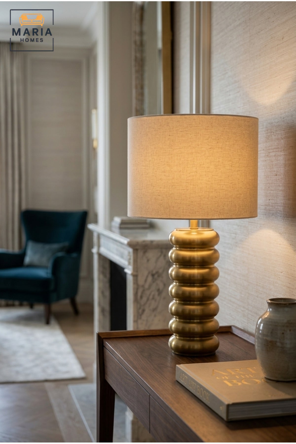 Modern Gold Ribbed Table Lamp with Fabric Drum Shade Sculptural Bedside Light for Bedroom Living Room Office Console Table and Hotel Décor