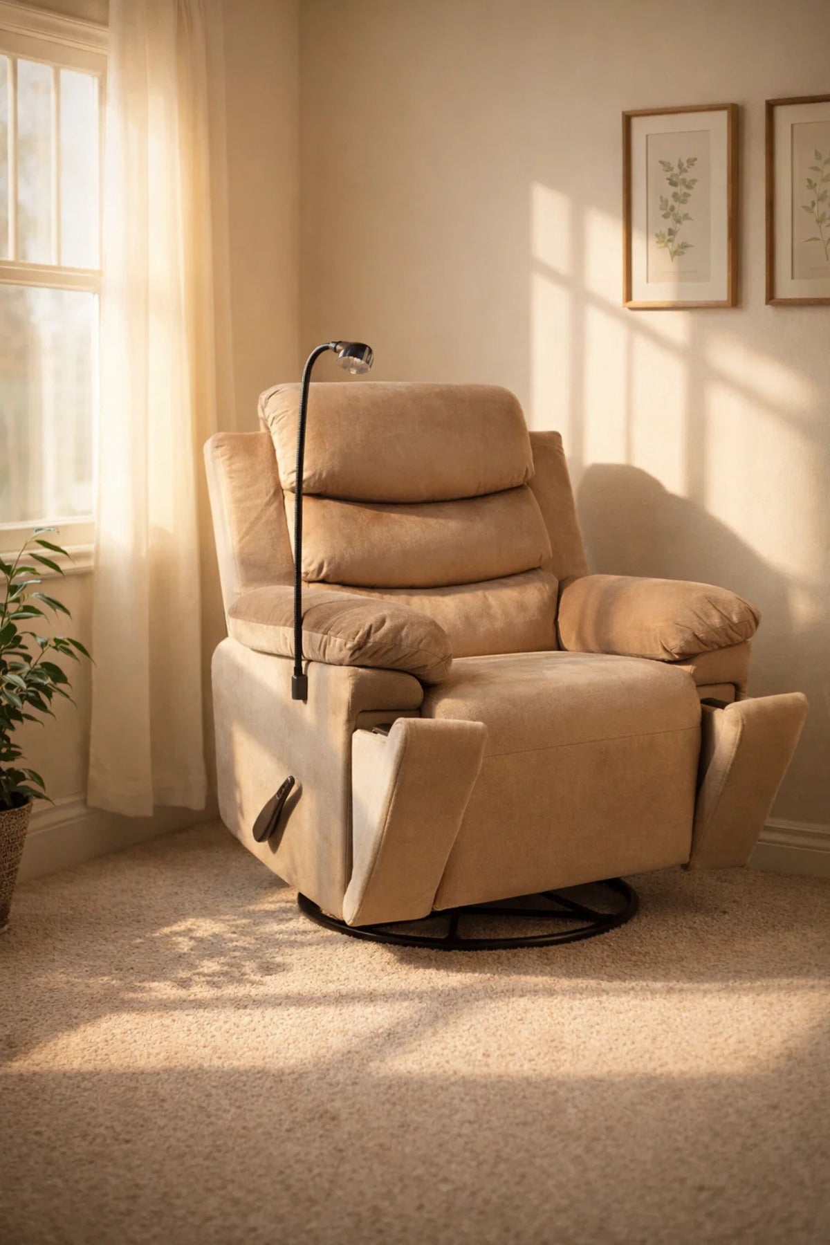Luxury Brown Fabric Swivel Rocker Recliner Chair with Built-in Phone Holder for Home Relax