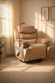 Luxury Brown Fabric Swivel Rocker Recliner Chair with Built-in Phone Holder for Home Relax