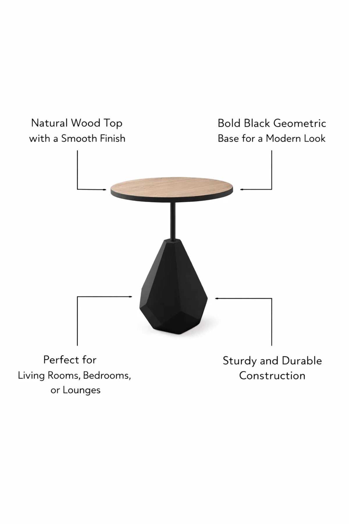 Modern Round Side Table Wood Top Black Geometric Base Living Room Accent End Table 60cm Height