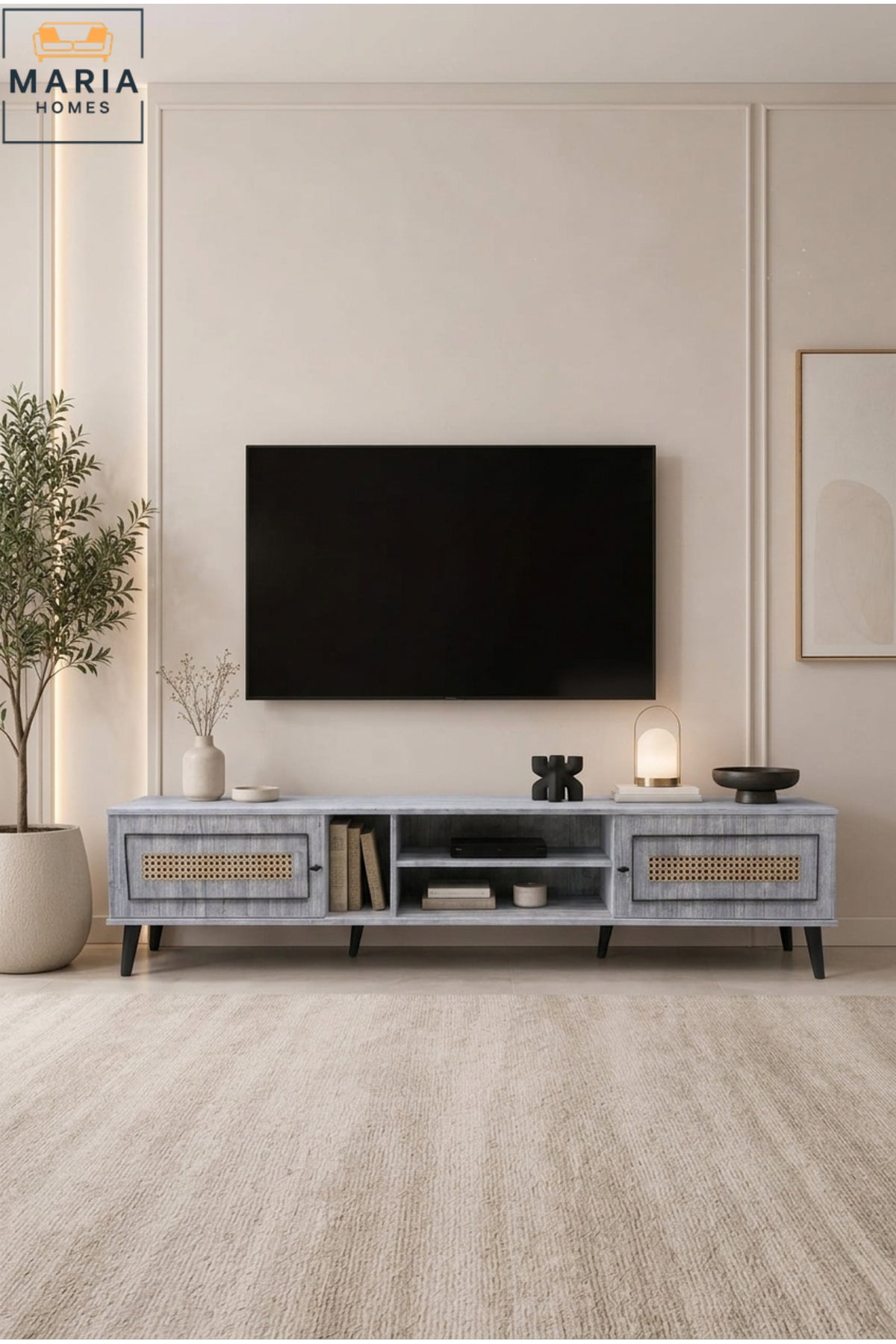 Modern TV Stand Entertainment Center with Rattan Doors Media Console Storage Cabinet Grey