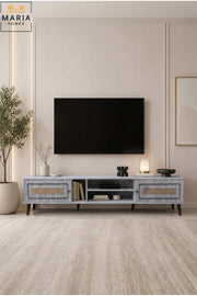 Modern TV Stand Entertainment Center with Rattan Doors Media Console Storage Cabinet Grey