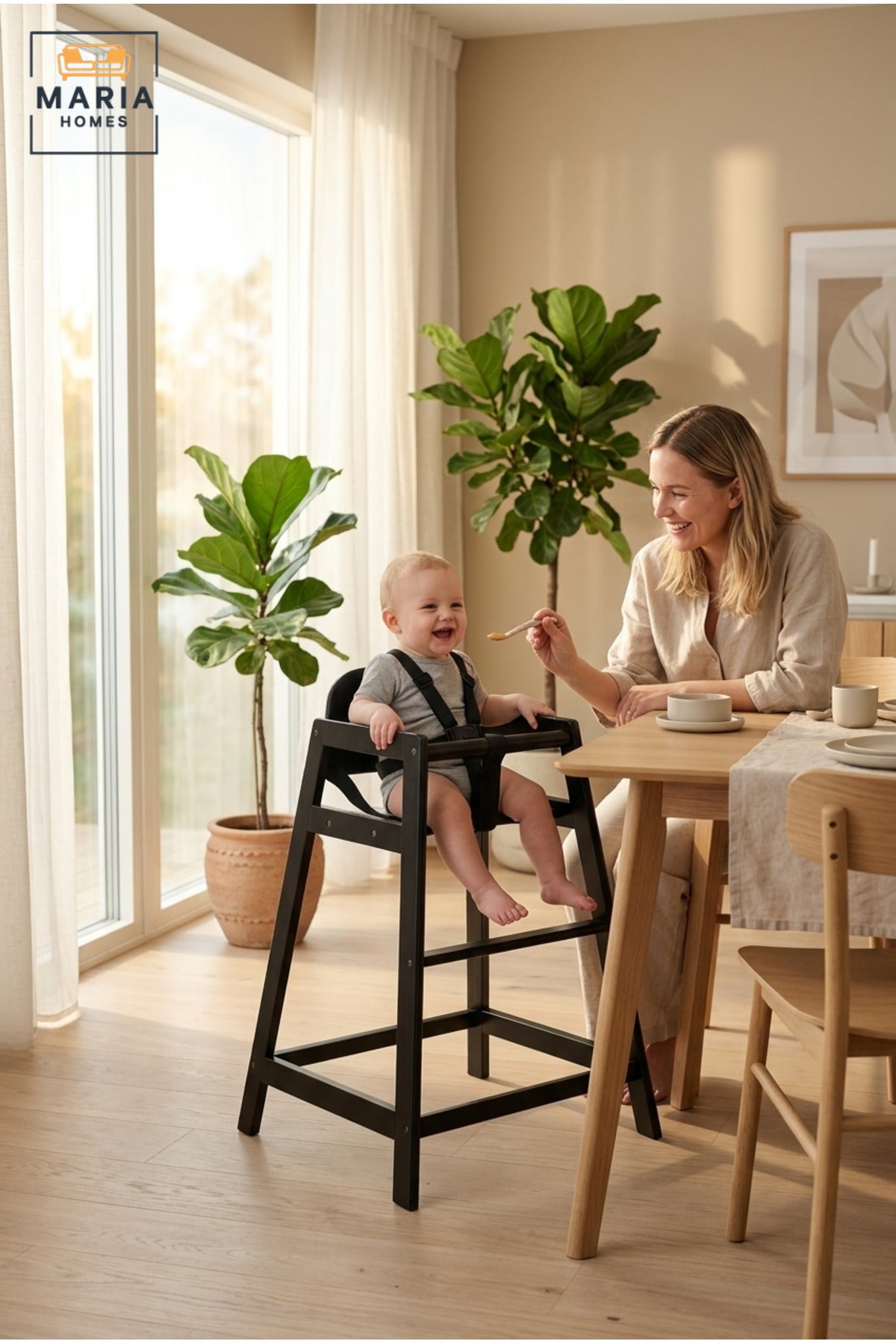 Wooden Baby High Chair | Modern Black Feeding Chair with Safety Harness | Sturdy Kids Dining Chair for Toddlers | Contemporary Wooden High Chair