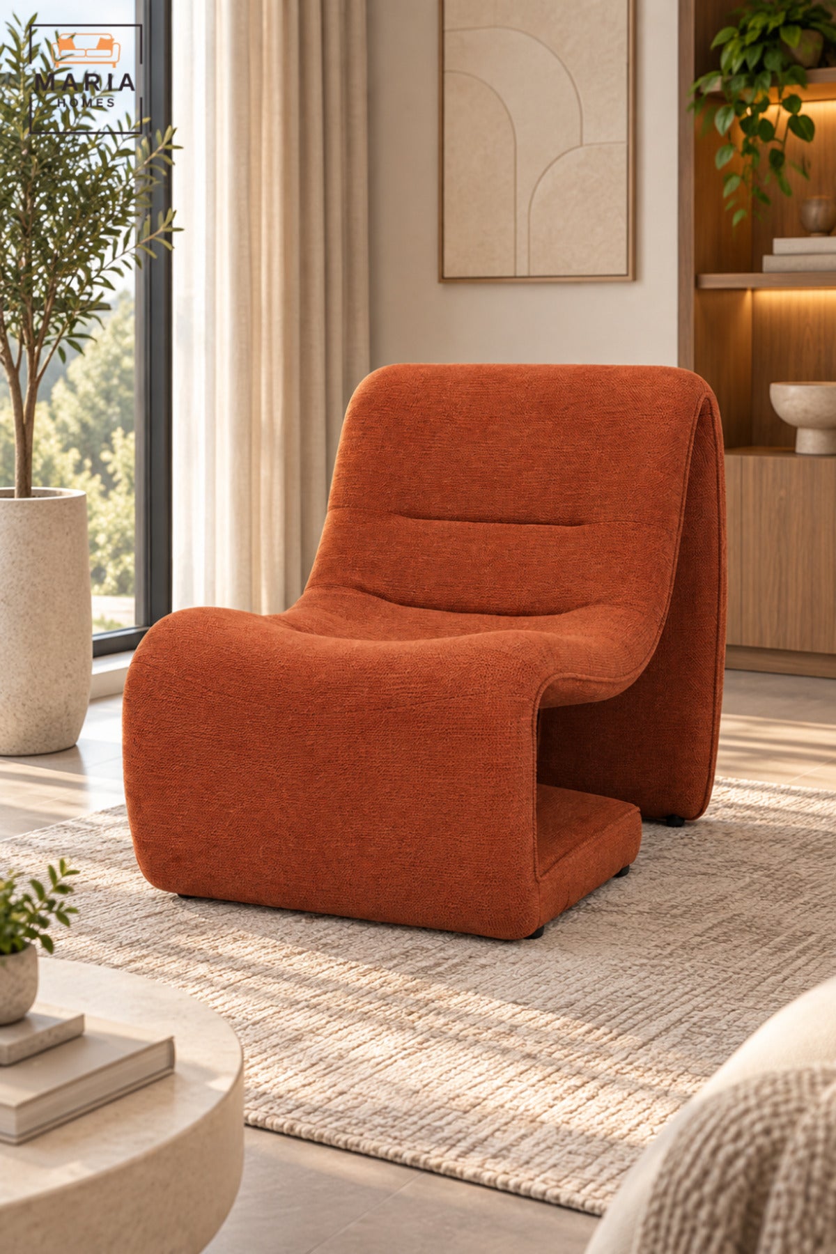 Modern Orange Upholstered Accent Chair with Sculptural Curved Design, Padded Seat for Living Room, Bedroom, Lounge & Reading Corner
