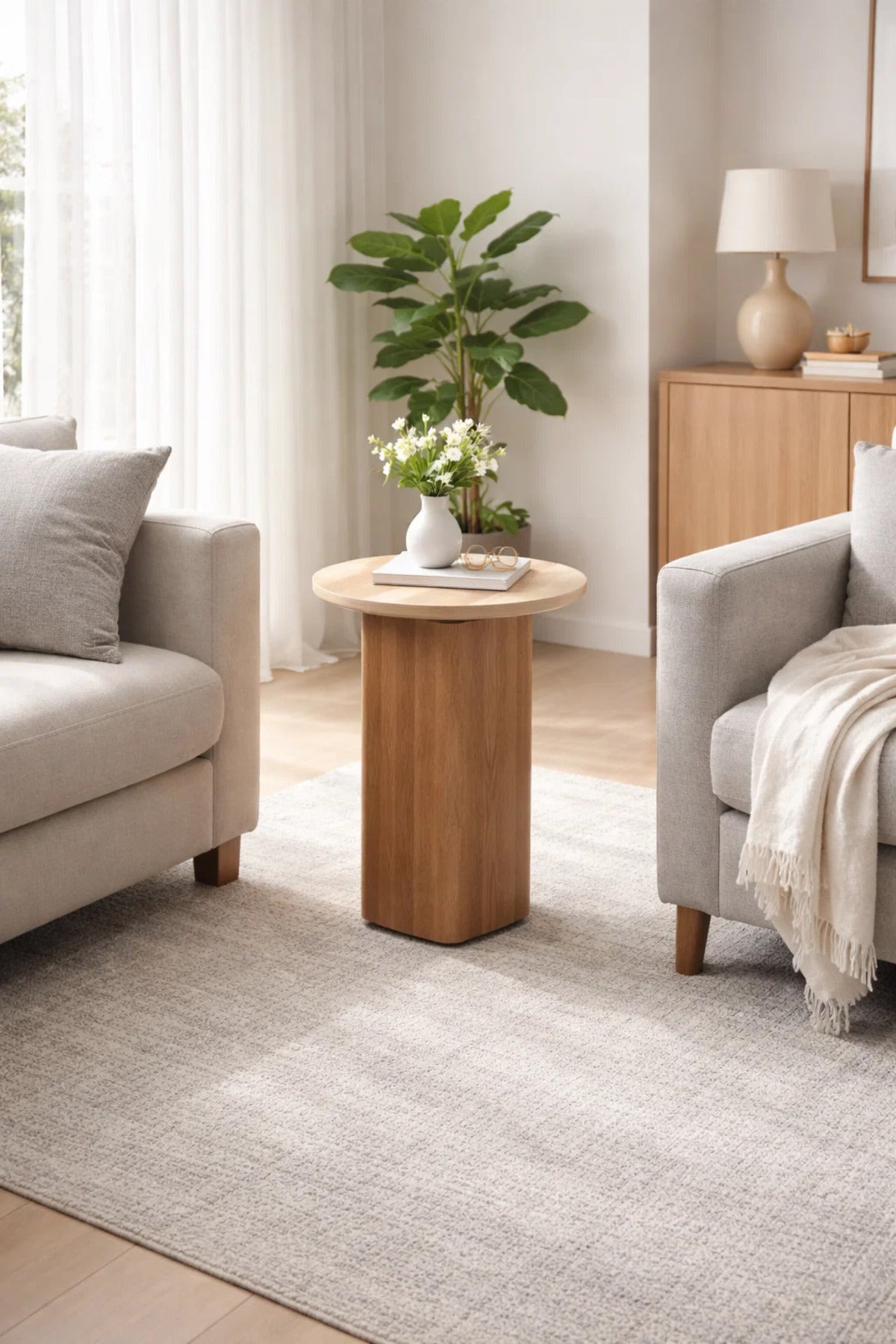 Brown Round Side Table √ê 55x45 cm Modern Wooden Accent Table