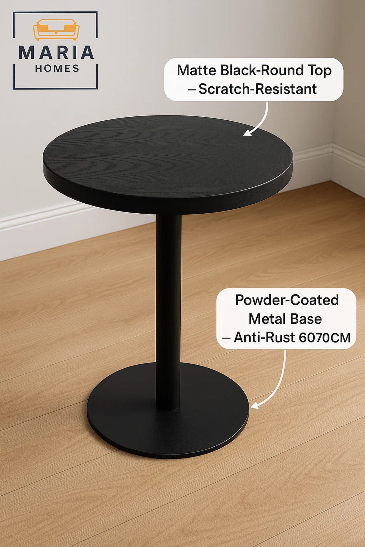 Round Black Pedestal CafŽ Table with Wooden Top