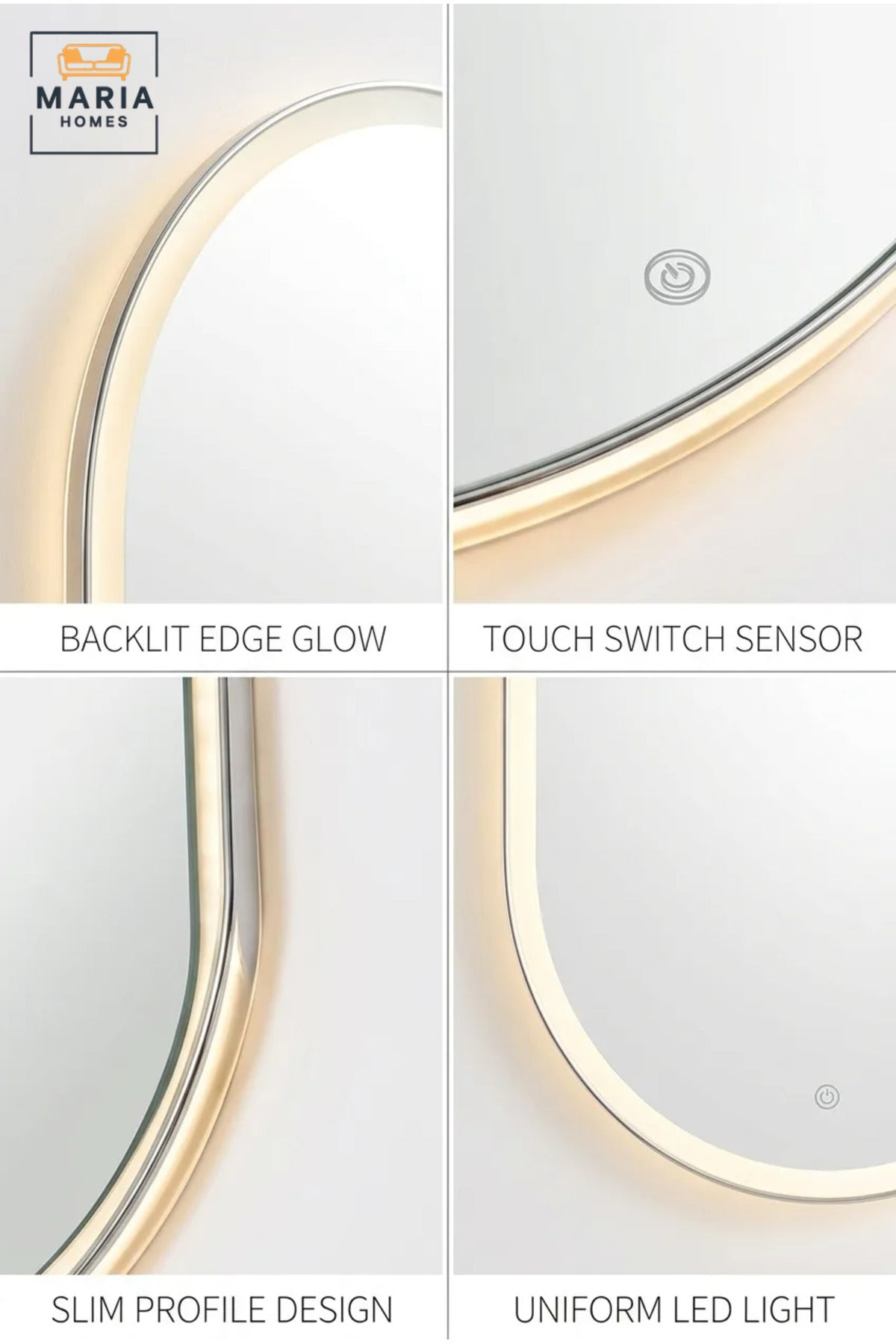 Modern Oval LED Wall Mirror with Touch Sensor, Backlit Frameless Decorative Mirror for Bathroom, Bedroom, Vanity, Dressing Room and Hallway