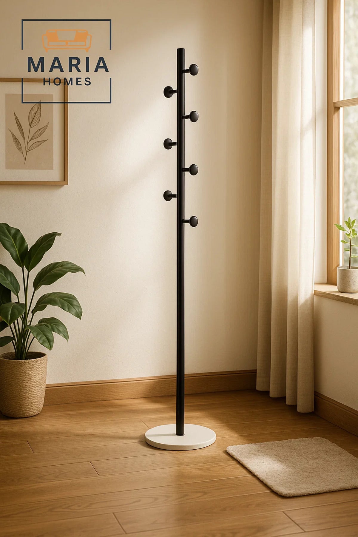 Black Modern Coat Rack with Rounded Hooks and Marble Base