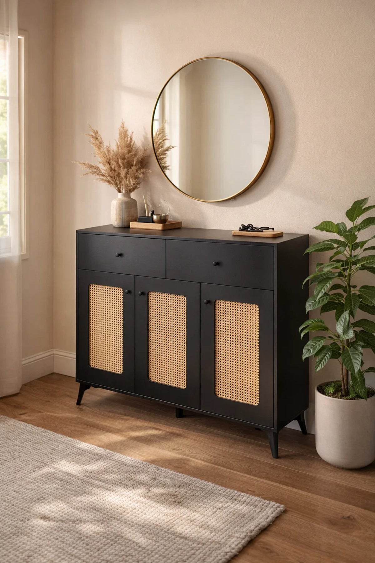 Stylish Black Cane Webbing Shoe Cabinet 3 Doors 2 Drawers Entryway Console Table 120x35x95cm
