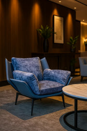 Blue Velvet & Leather Lounge Chair, Luxury Armchair for Living Room, Bedroom & Hotel Lobby