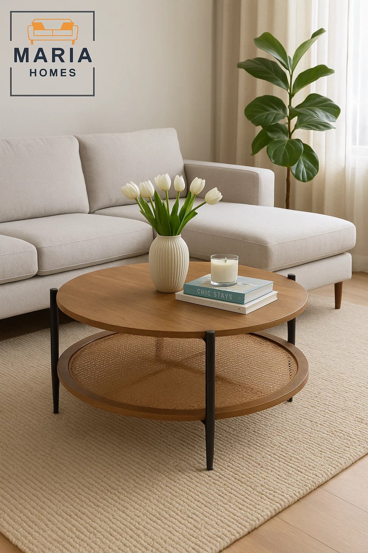 Wood grain coffee table with round rattan storage shelf